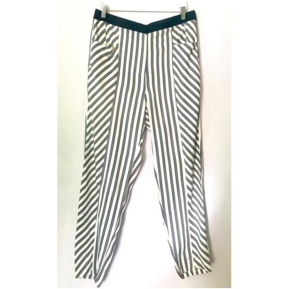 H&M WHITE GRAY STRIPE ANKLE ZIPPER JOGGER PANTS 12 NWT